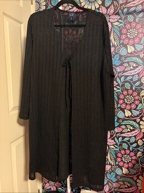 Long Black Open Cardigan with Tie